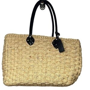 EXPRESS Woven Straw Bag Tote Natural Leopard Print Lined Purse Double Handle Med